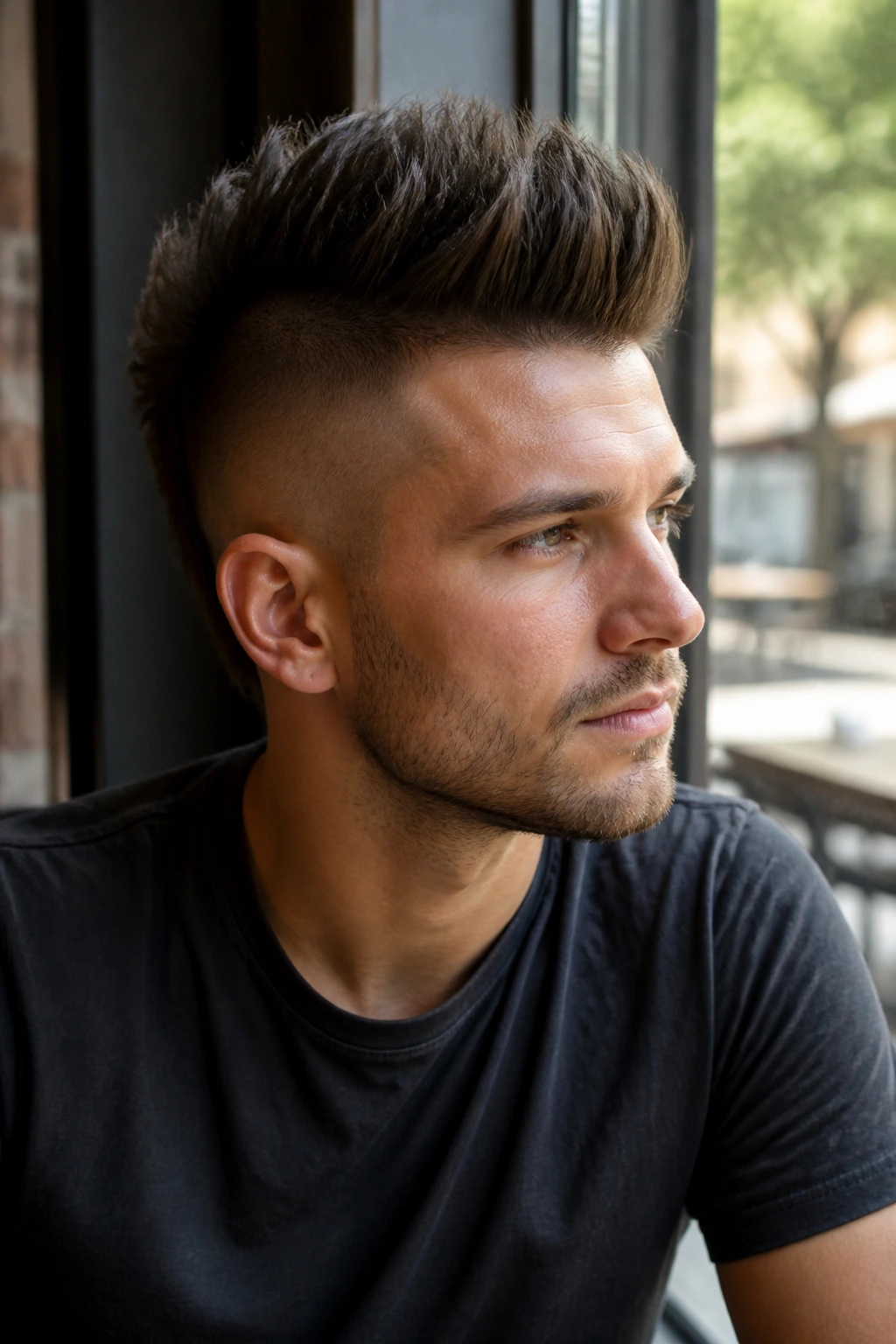 Real person with matte-finish mohawk in cafe daylight
