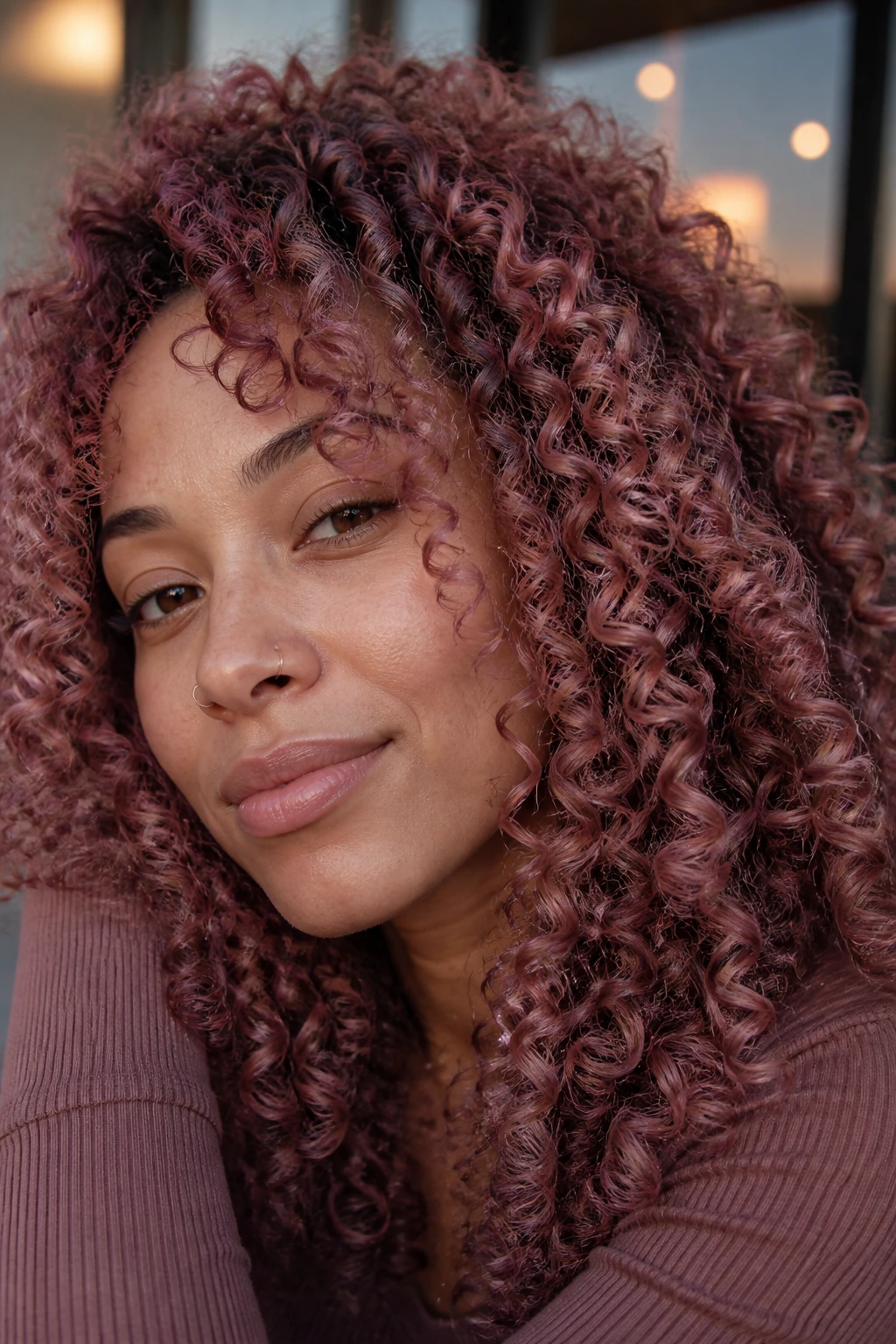 Close-up of a real woman with mauve rose corkscrew curls in golden hour light