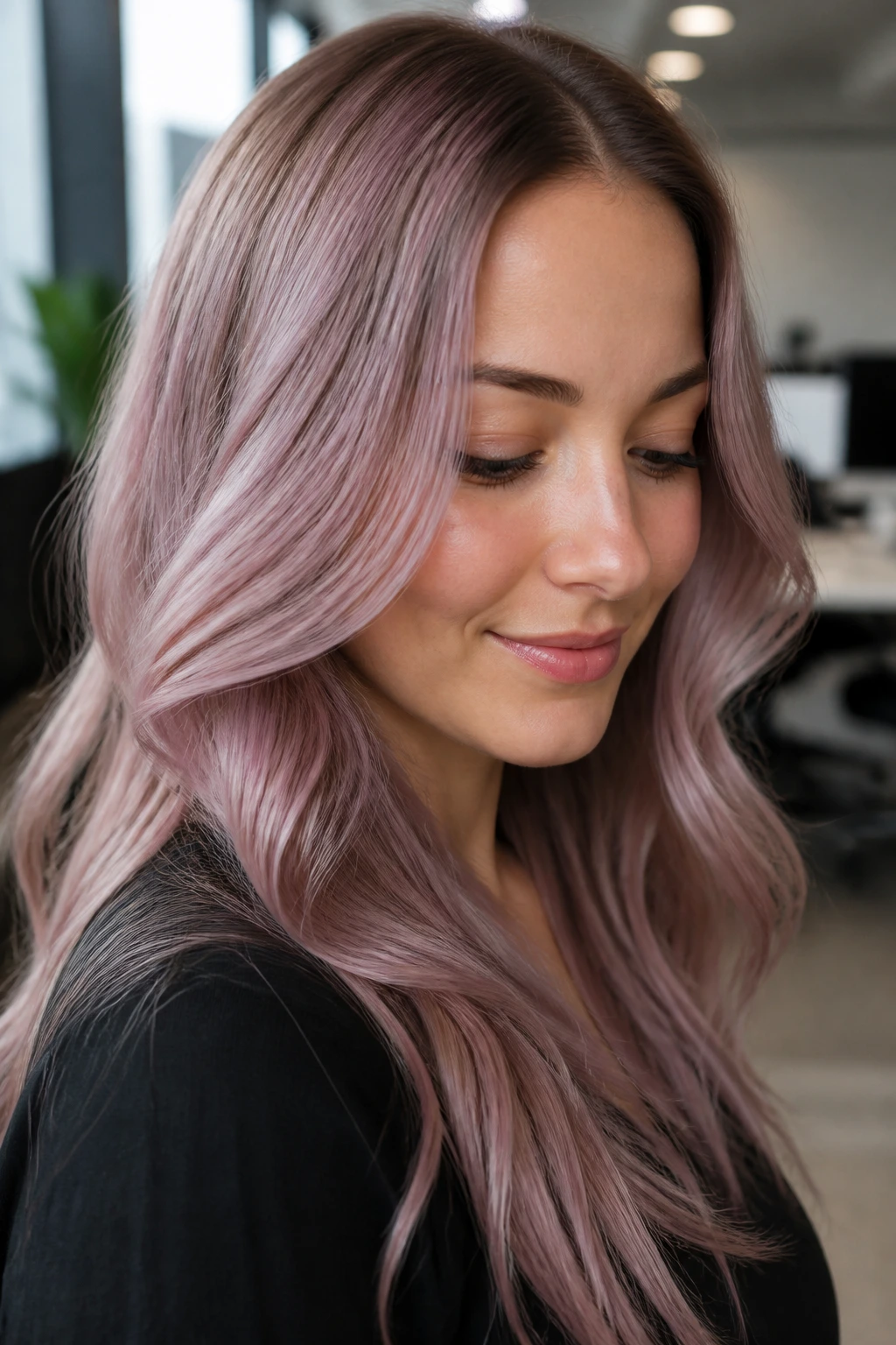 Close-up of dusty mauve-violet gloss on a real woman's hair in an office