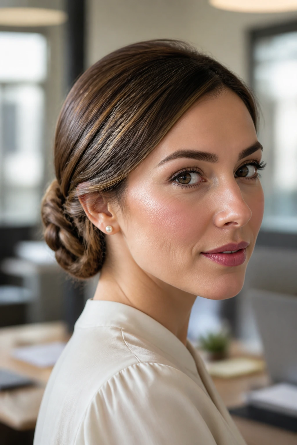 Real woman wearing a double-twisted medieval rosette bun at the nape