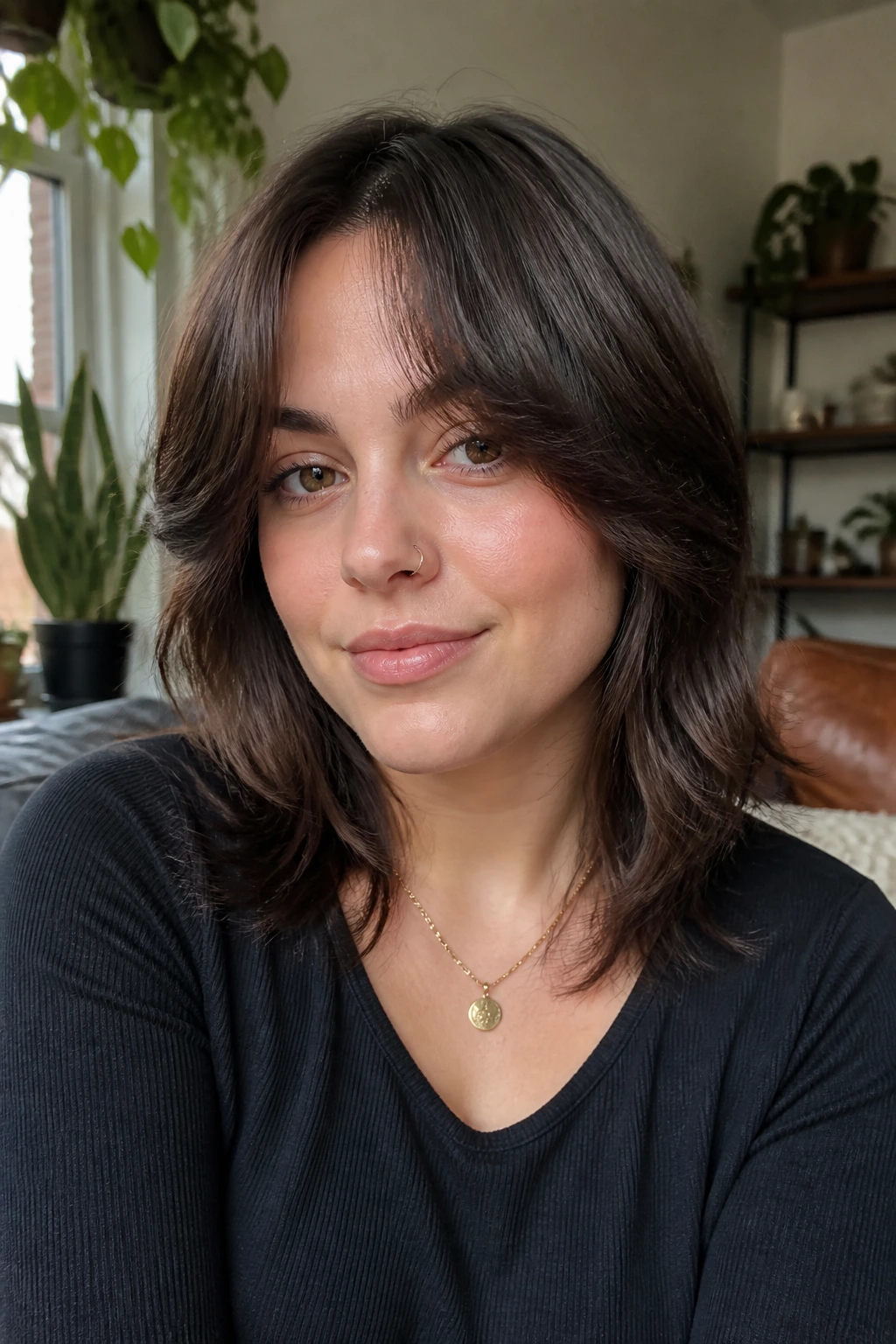 Close-up portrait of a real person with a mid-length shag and parted curtain fringe in warm window light.