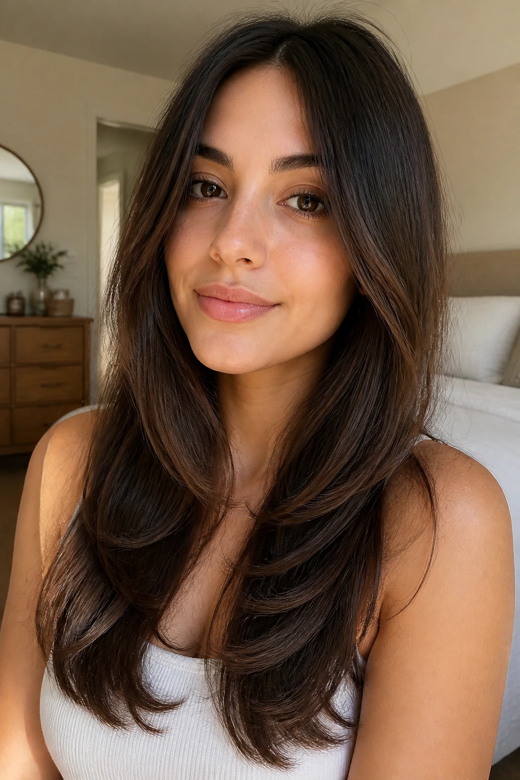 Portrait of a woman with long hair in a soft U-cut layers.