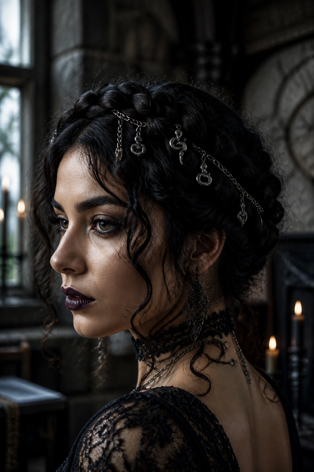 Close-up of a woman with a medusa crown braid featuring silver charms woven through the braid