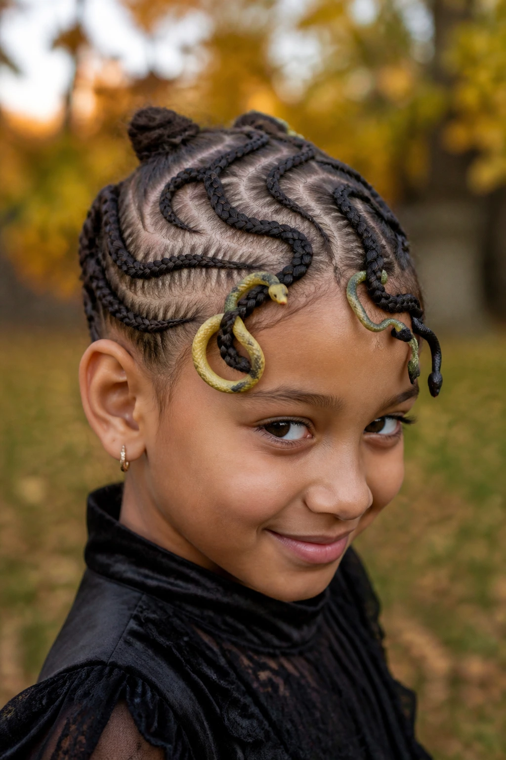 Close-up of real child with Medusa look featuring braided snakes and toy serpents