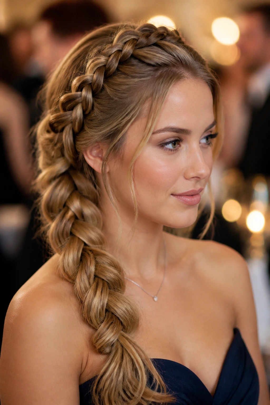 Medium close-up of a woman with a layered mermaid braid look