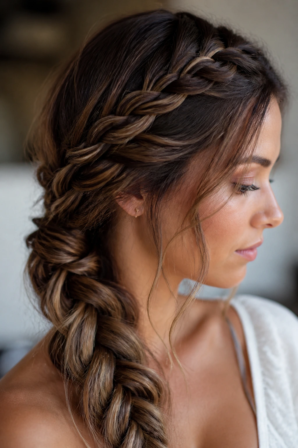 Close-up of a real woman with a two-layer mermaid braid (top small braid over bottom larger braid)
