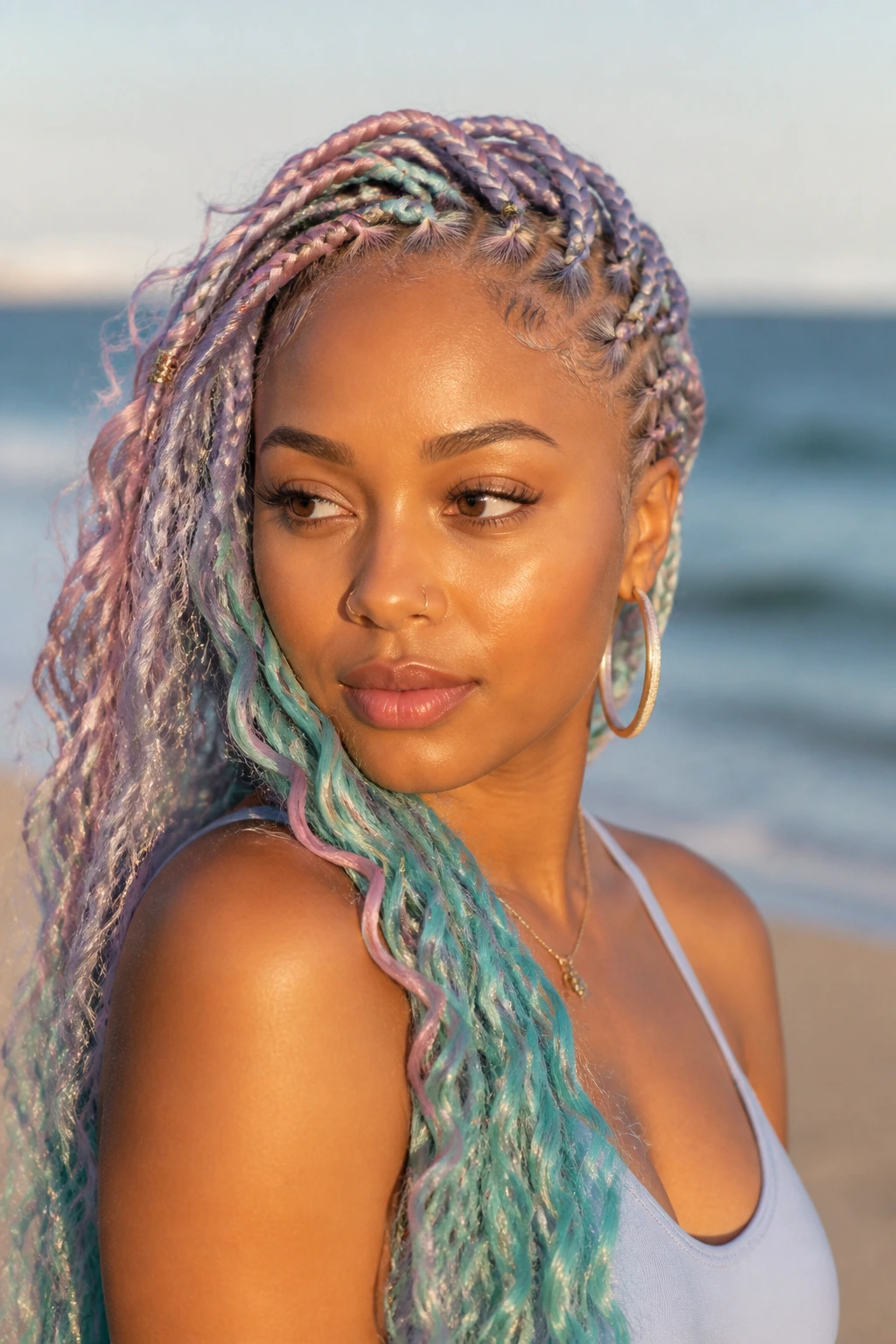 Portrait of a woman with pastel mermaid braids at the beach