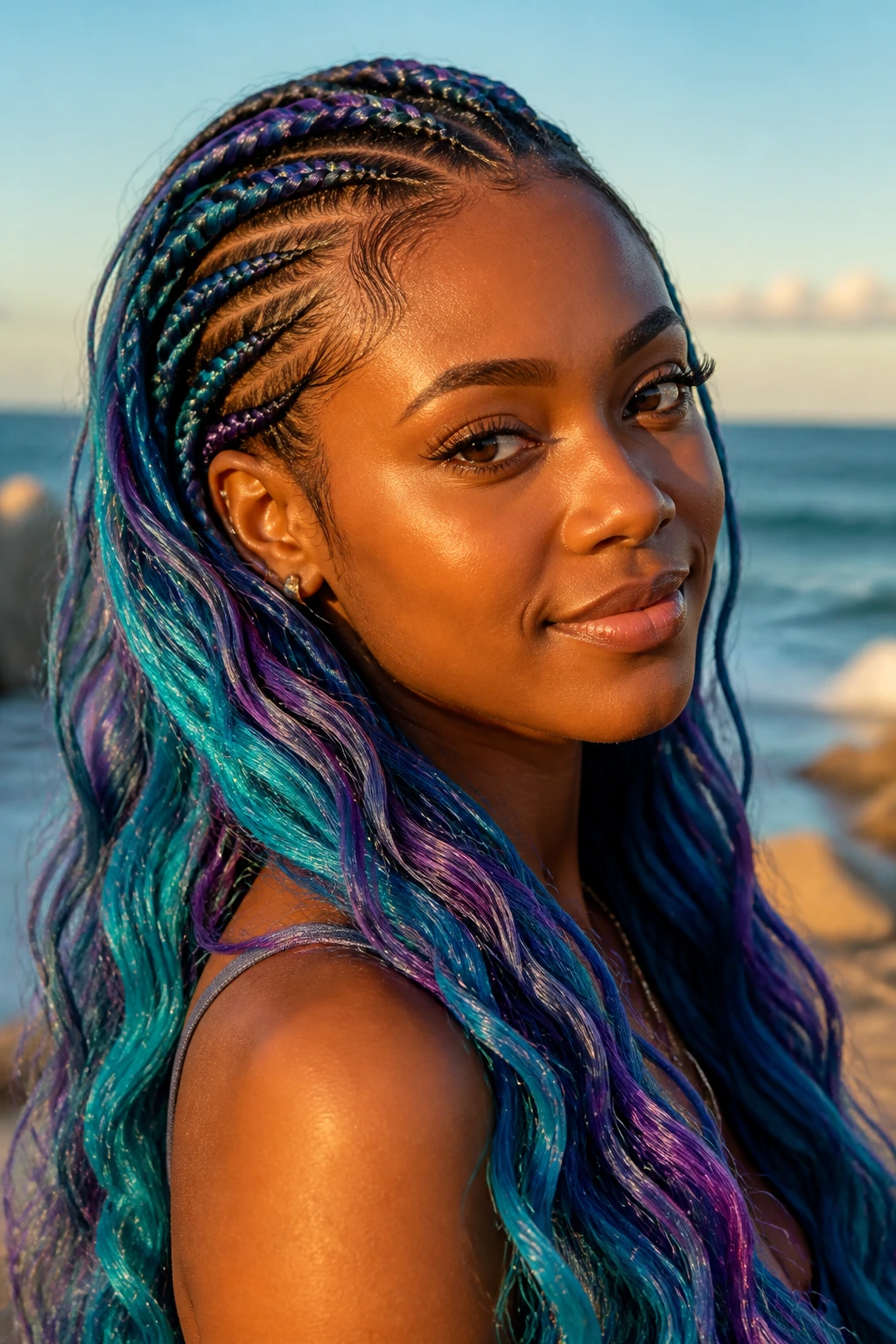 Close-up of a woman with mermaid braids and colorful extensions by the ocean.