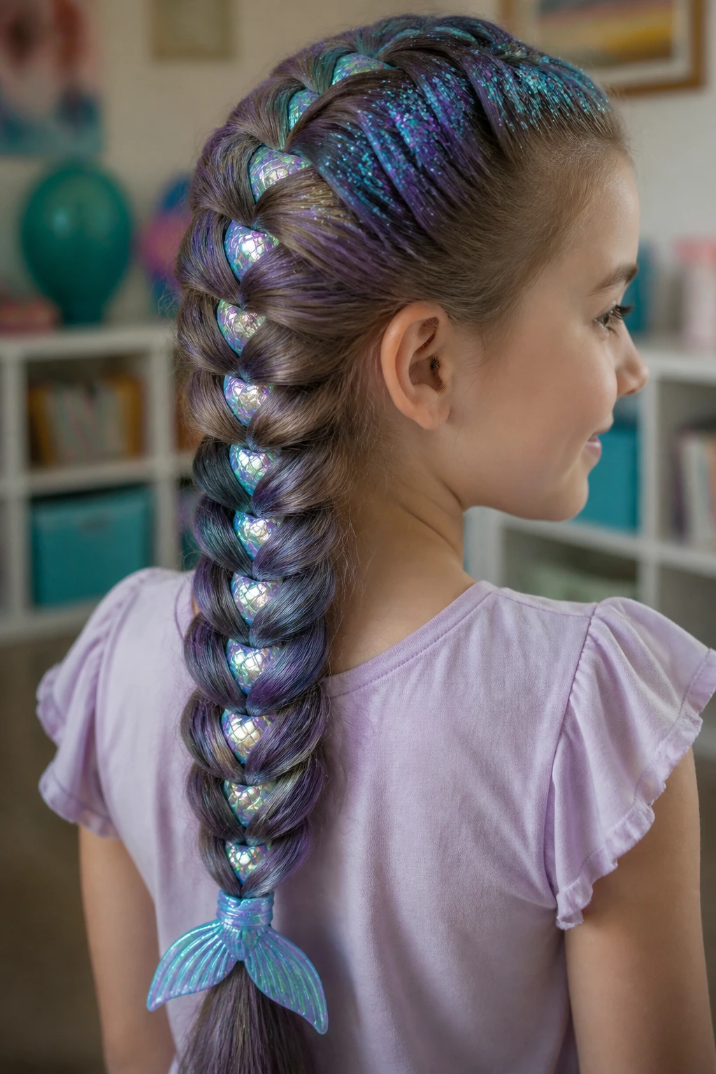 Back-view close-up of a real child with a mermaid tail braid