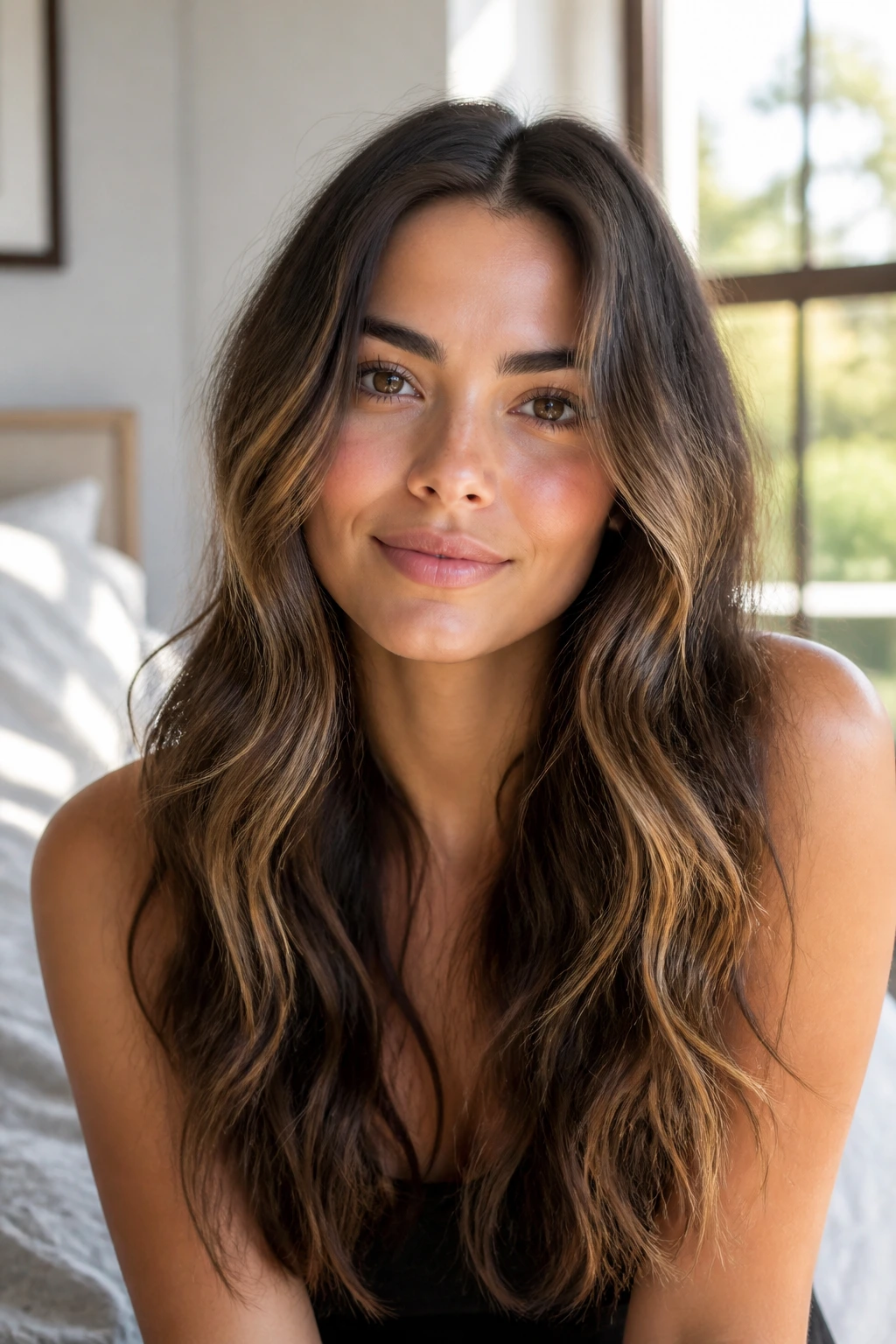 Close-up portrait of a real woman with mermaid waves and a center part in a sunlit bedroom