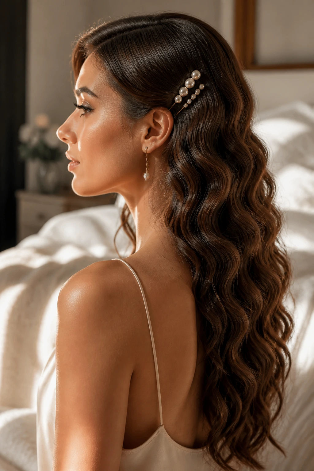 Side profile of a real woman with mermaid waves and pearl pins