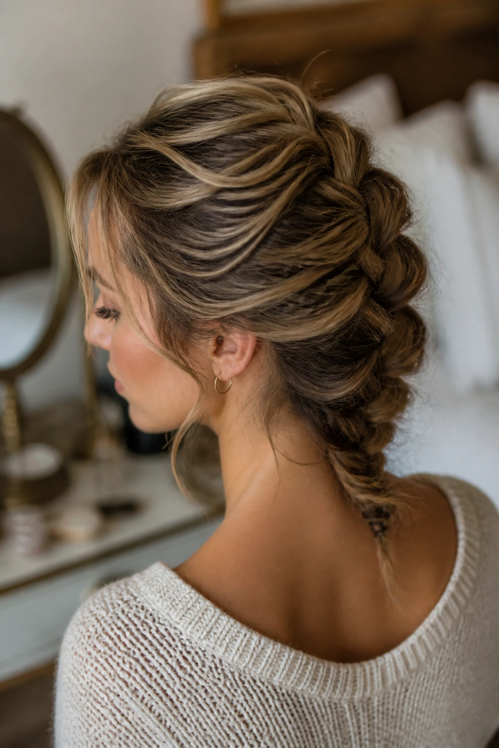Close-up portrait of a real woman with a tightly braided banana braid loosened for a messy look.