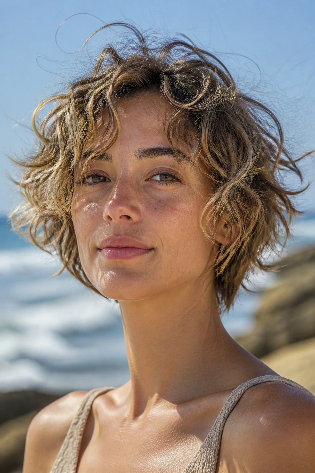 Real woman with messy beach curls for fine hair at the beach