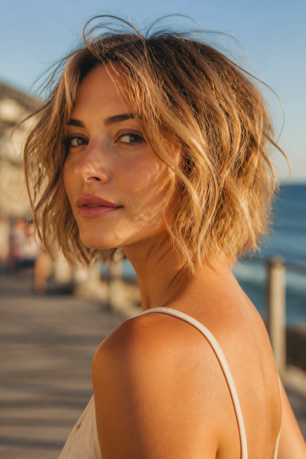 Close-up of a real woman with messy beach waves on a seaside boardwalk at golden hour