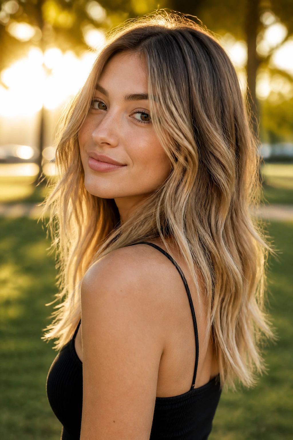 Close-up of a real person with messy beach waves on straight hair