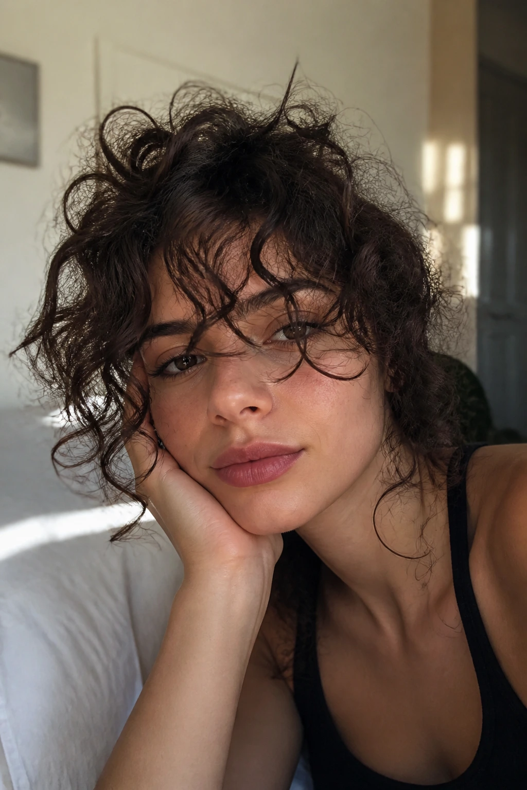 Close-up of a real person with messy bedhead curly tendrils.