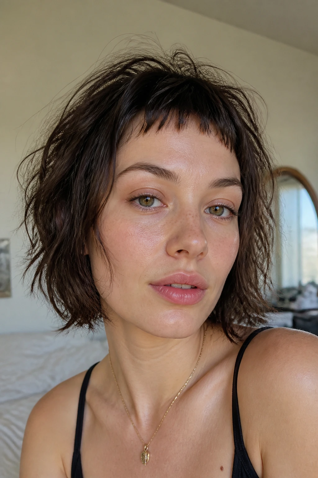 Close-up of a woman with messy bedhead micro bangs in morning light