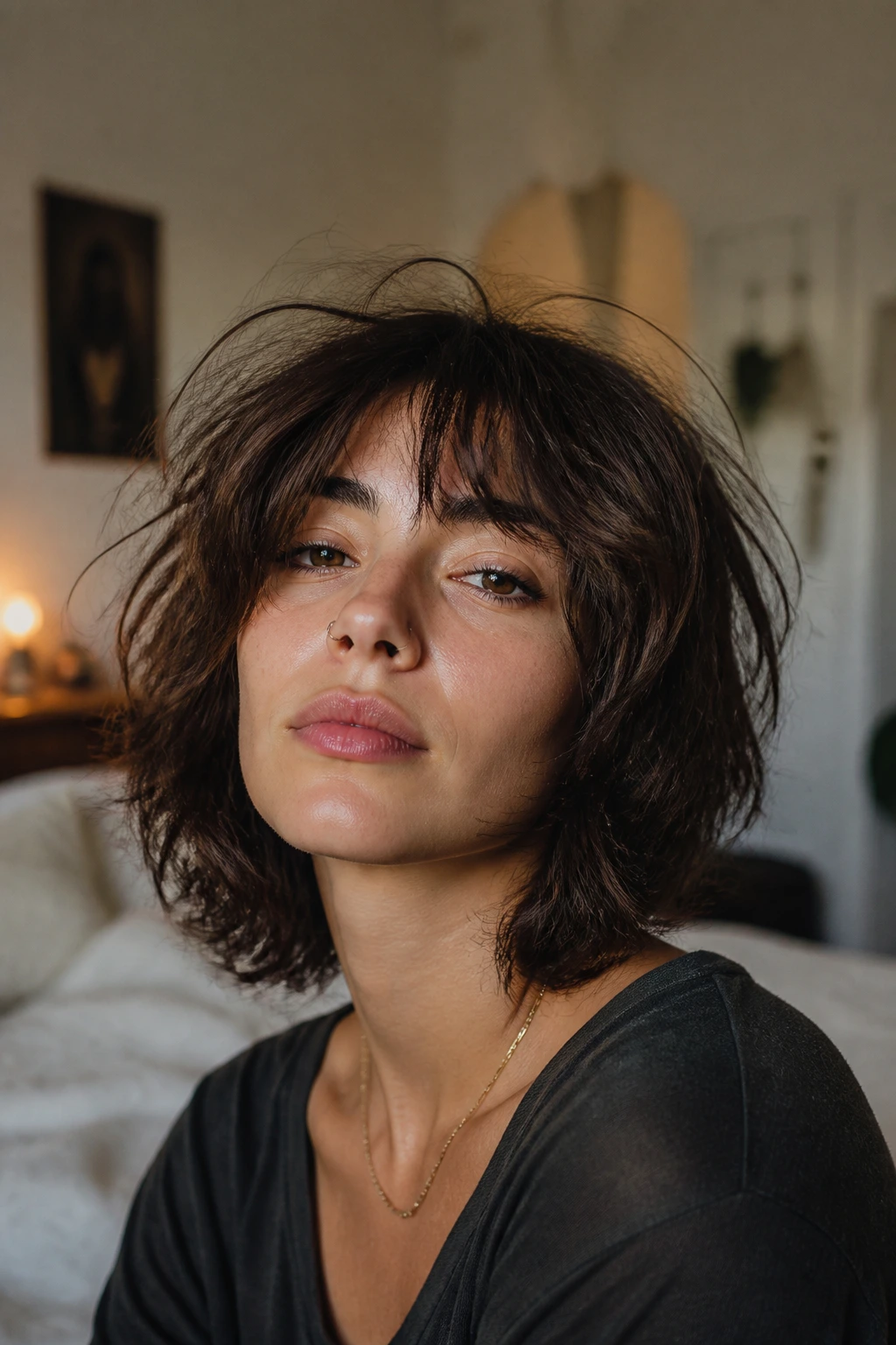 Portrait of a real woman with messy bedhead shag and curved bangs