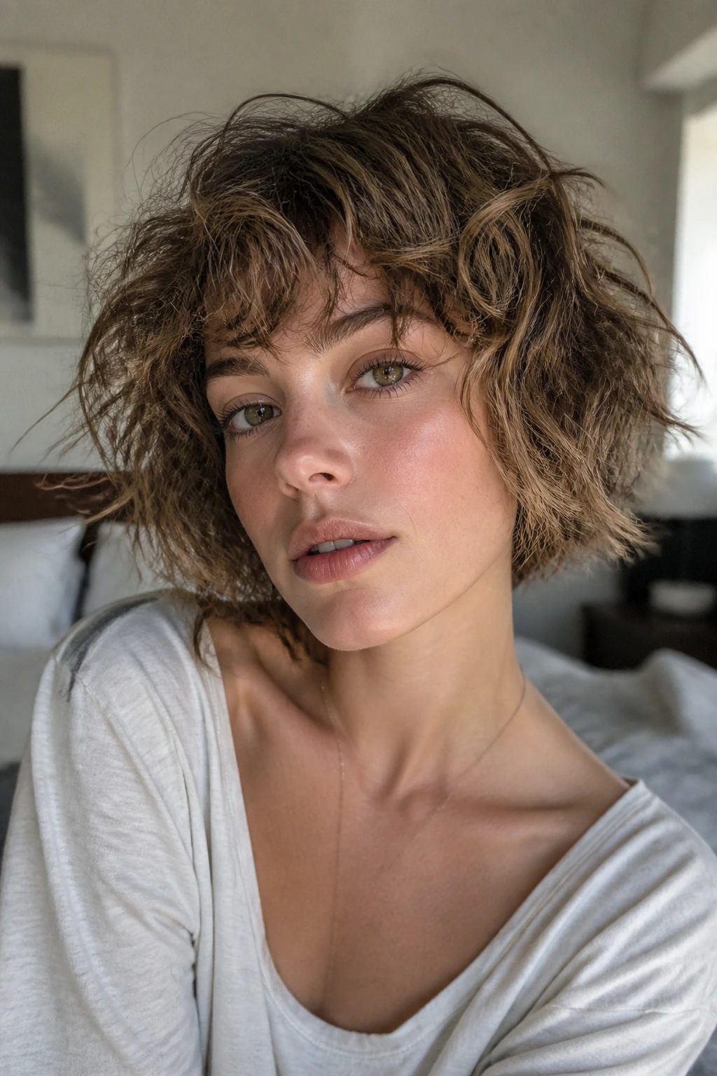 Portrait of a real woman with a messy bedhead bob hairstyle
