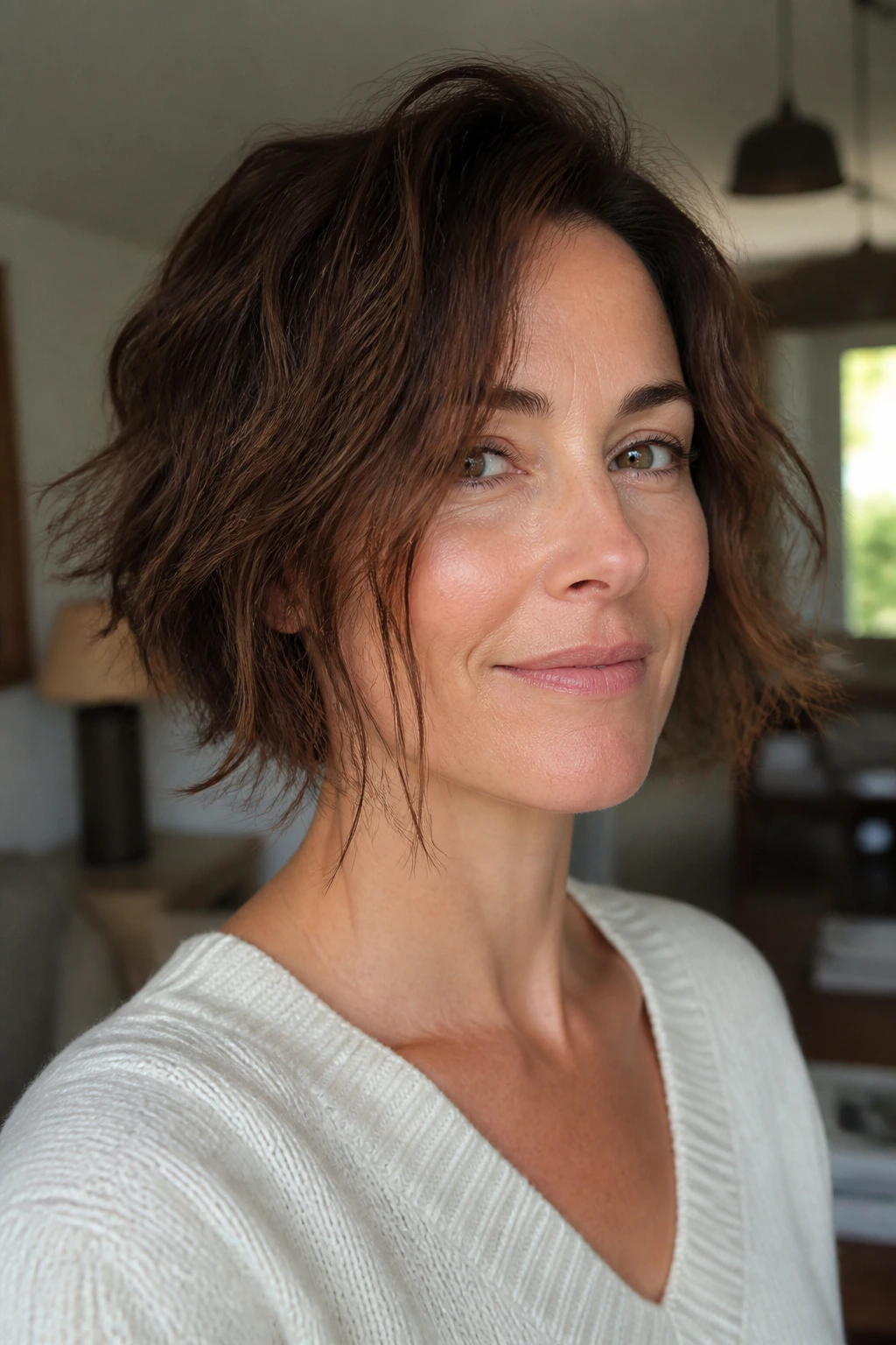 Close-up of a real woman with a messy bob and wispy ends