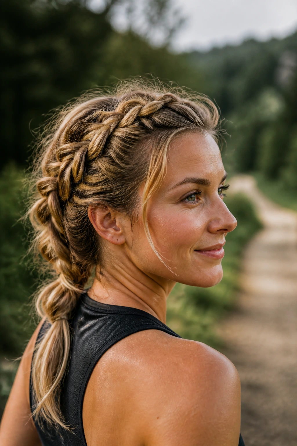 Close-up of a real woman with a loose bohemian braid on a hiking trail