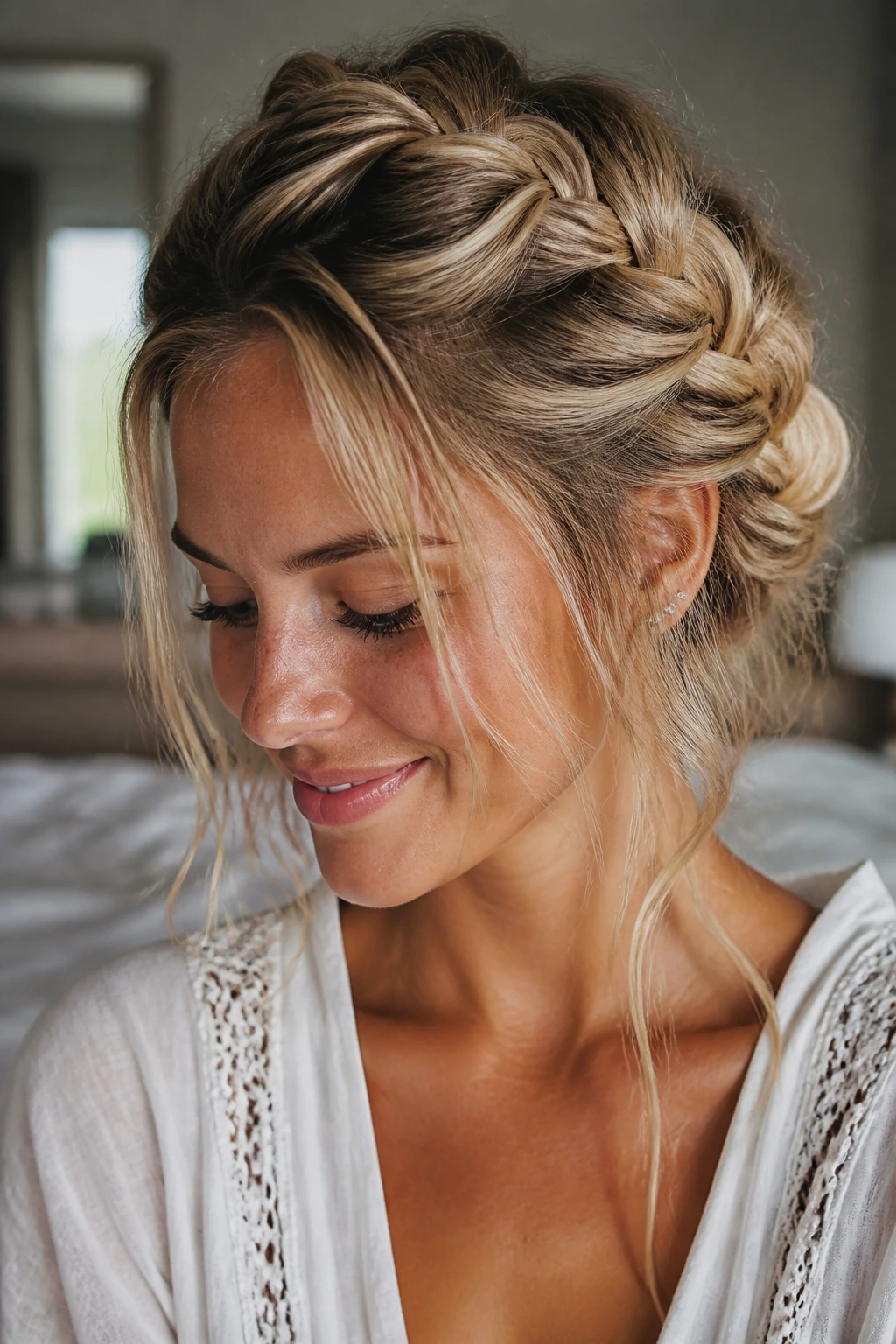 Close-up of a real woman wearing a messy bohemian goddess braid