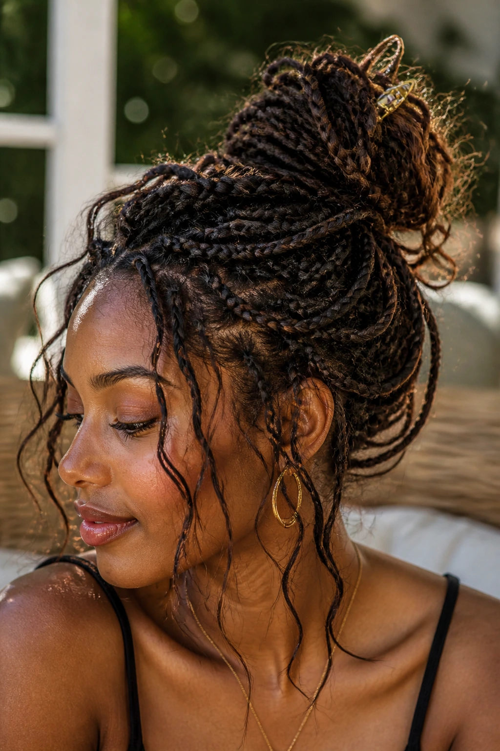 Close-up of a real woman with a messy bohemian updo