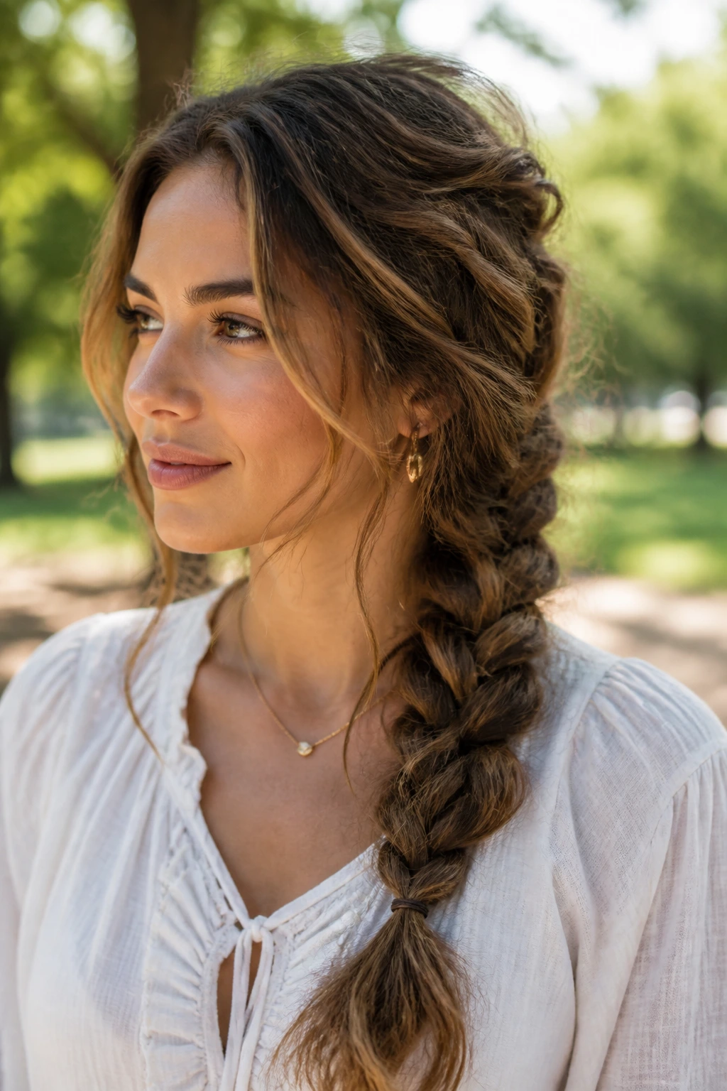 Close-up of a real woman with a messy boho braid outdoors