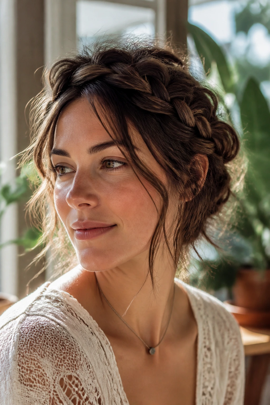 Close-up of a real person wearing a loose crown braid with escaping wispy strands.