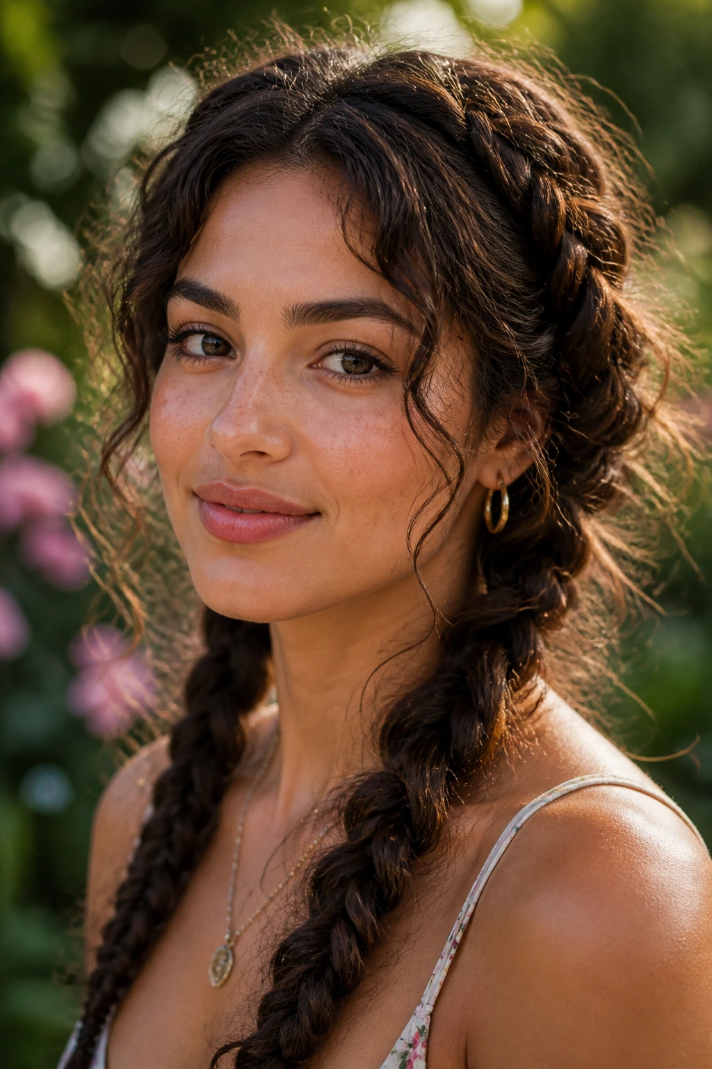 Close-up of a real woman with messy boho double braids in garden light.