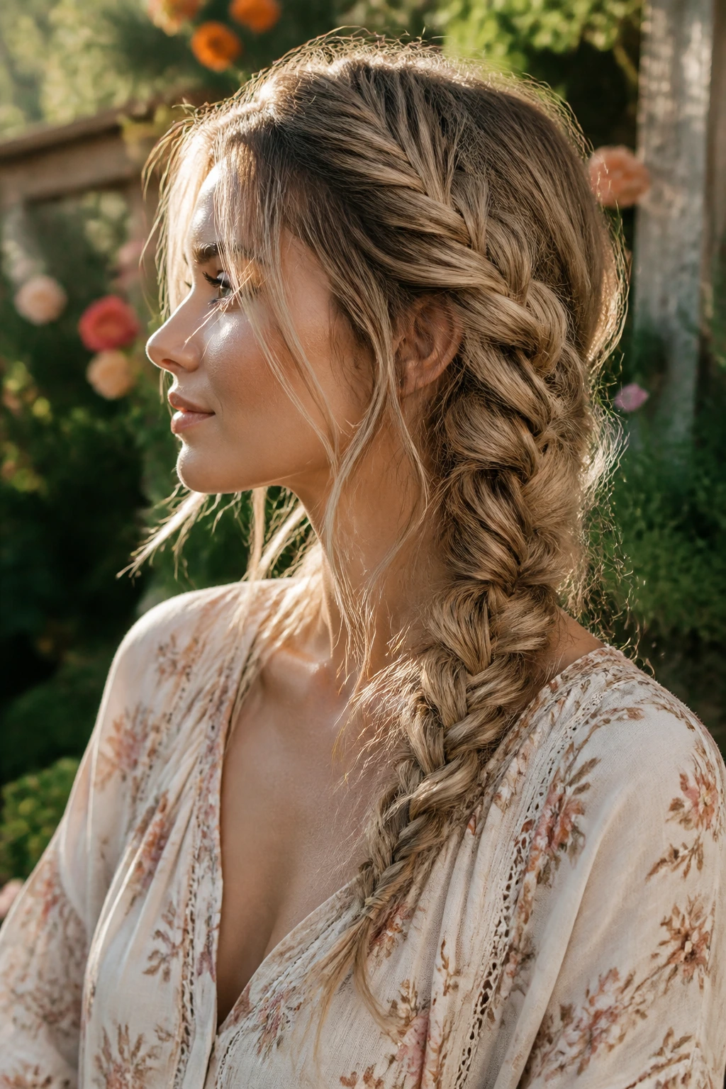 Messy boho side braid with loose strands on a real woman.