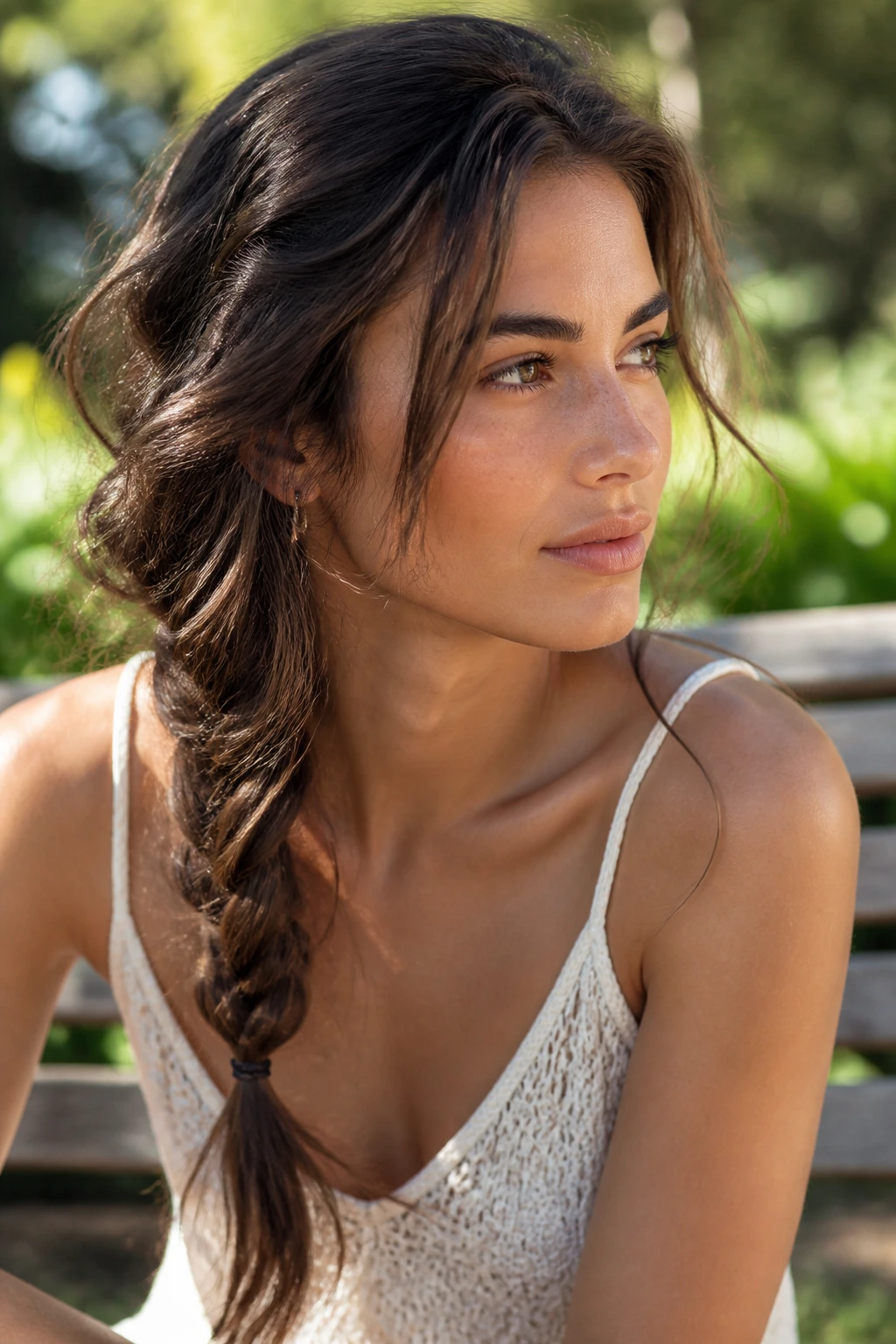 Close-up of a real woman with a messy boho side plait and face-framing strands
