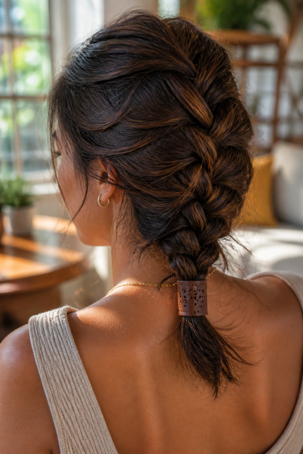 Close-up of a real woman with a messy French braid and a leather cuff accessory