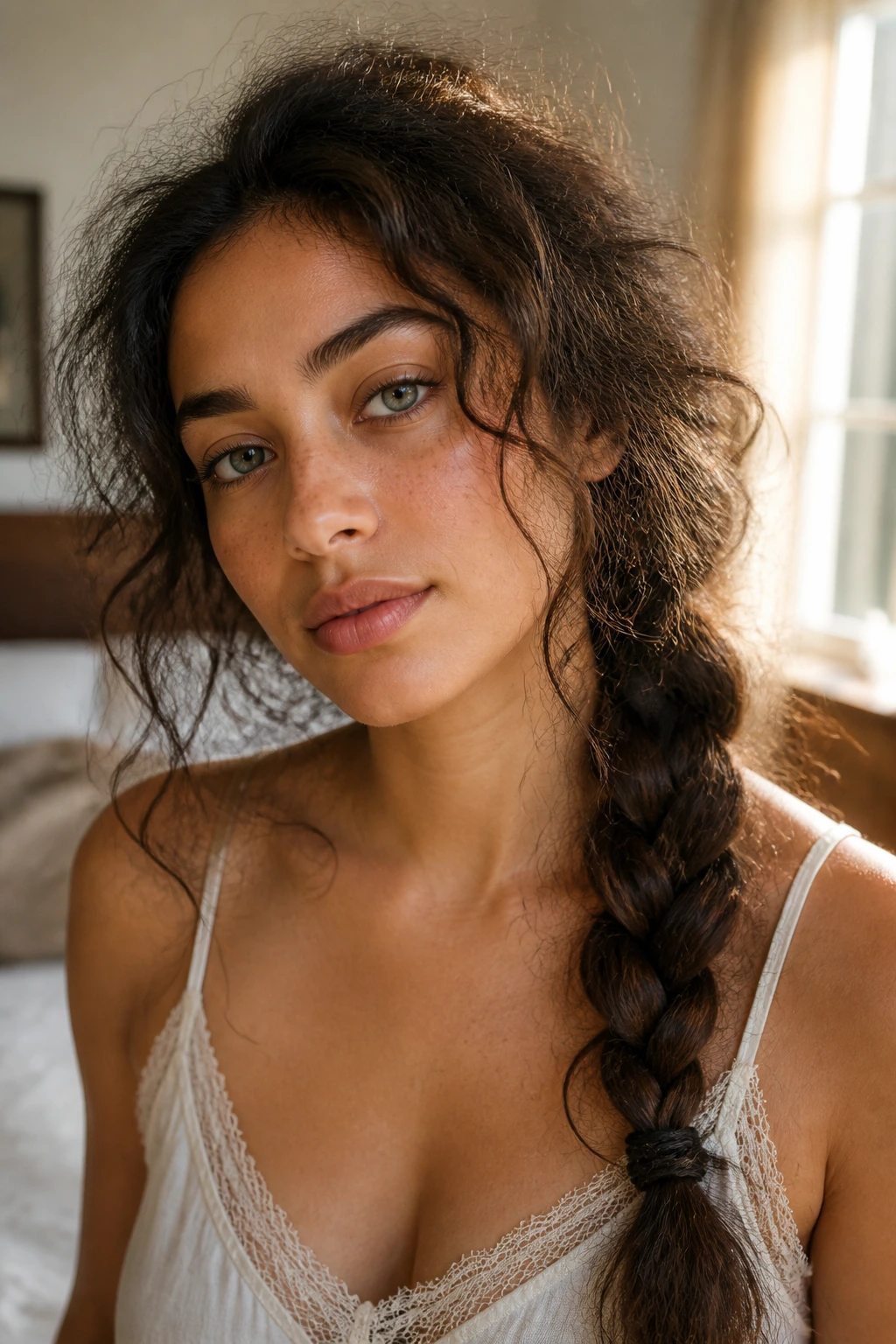 Close-up of a real woman with a messy three-strand side braid in a cozy bedroom