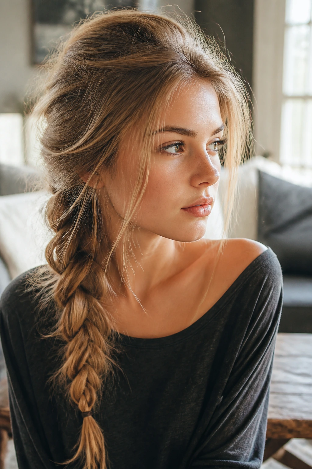 Portrait of a real woman with a messy side braid, teased crown