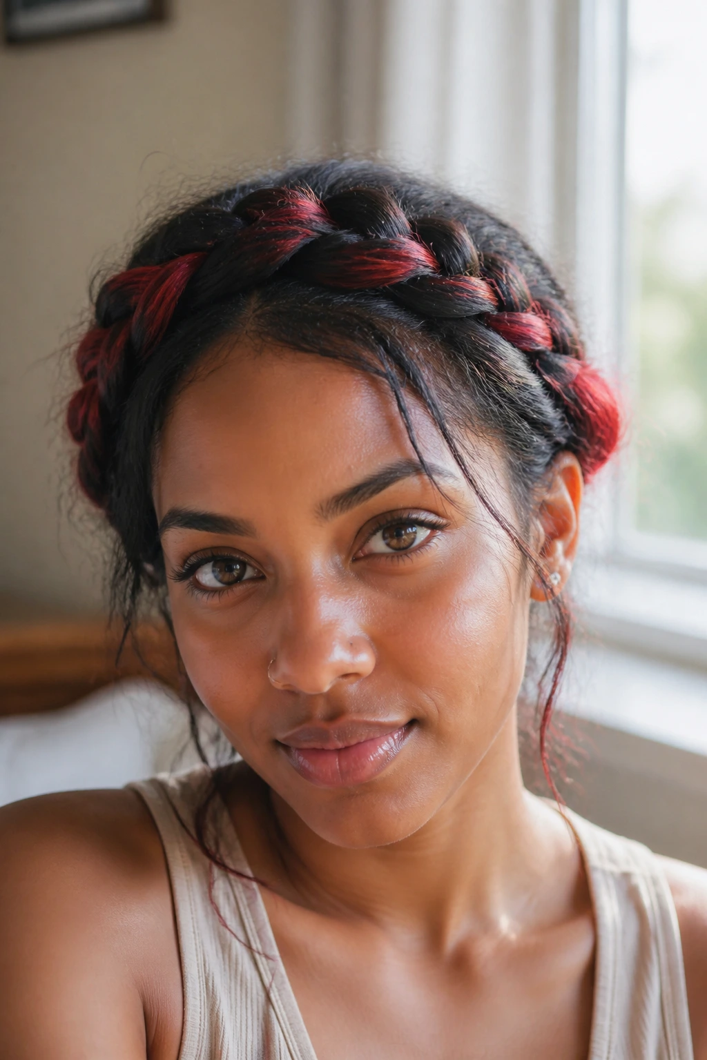 Close-up of a real woman with a messy braided crown featuring black hair and red ends woven through.