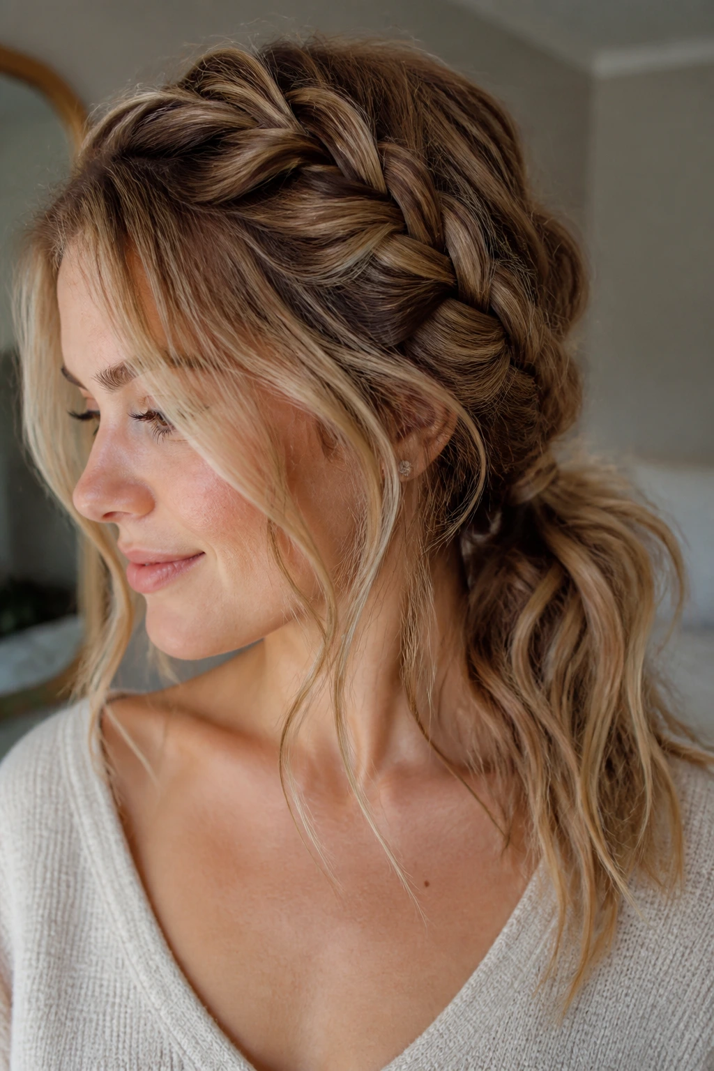 Close-up of a real person with a messy braided low ponytail and wispy strands