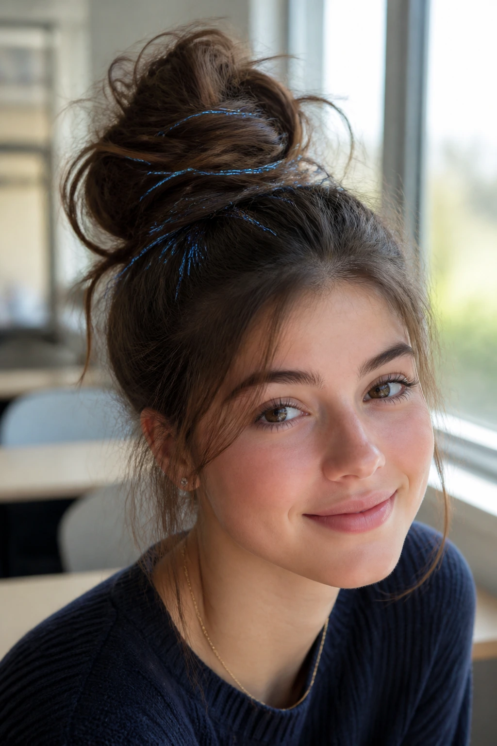 Close-up of a real person with a high messy bun and blue tinsel.
