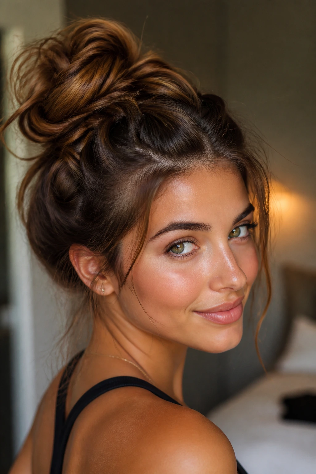 Close-up of a woman with a high messy bun braided from a French braid