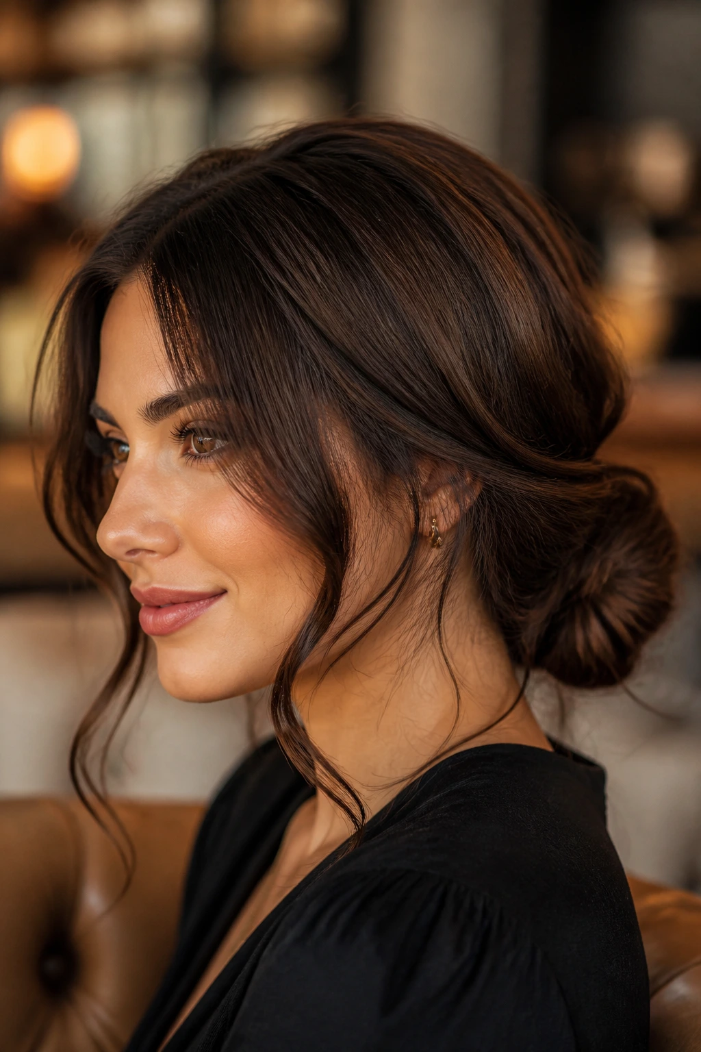 Close-up of a real woman with a messy low bun at the nape in a cozy setting