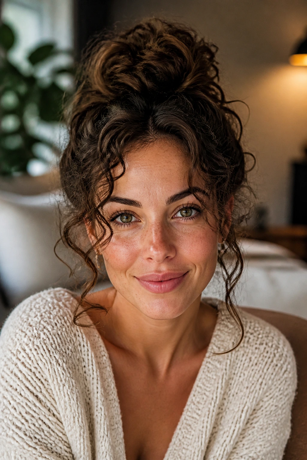 Close-up of a messy bun with face-framing curls in a cozy room.