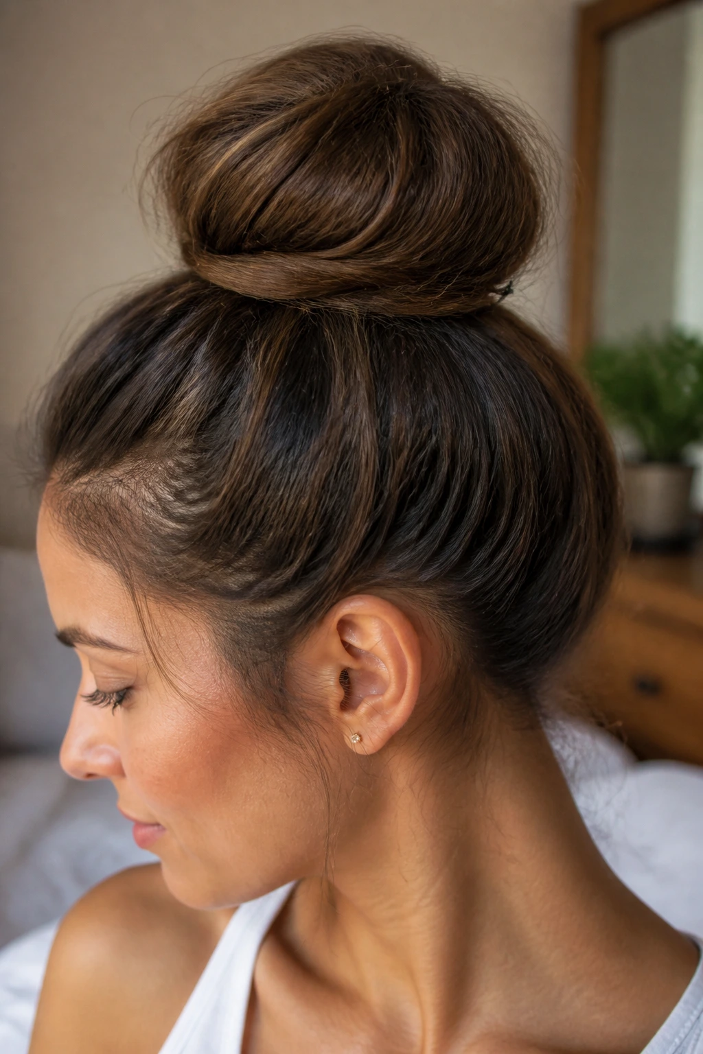 Close-up of a real woman with a messy high bun secured by creased bobby pins