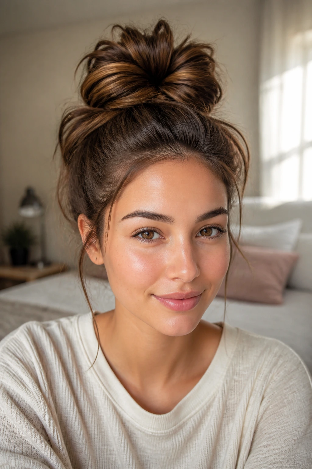 Close-up portrait of a real woman with a high-volume messy bun