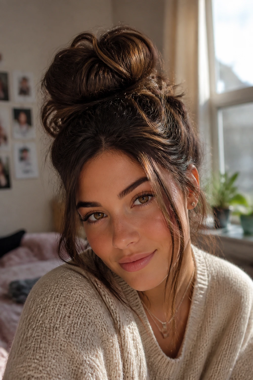 Close-up of a real student with a voluminous messy bun on dark chocolate hair with caramel highlights.
