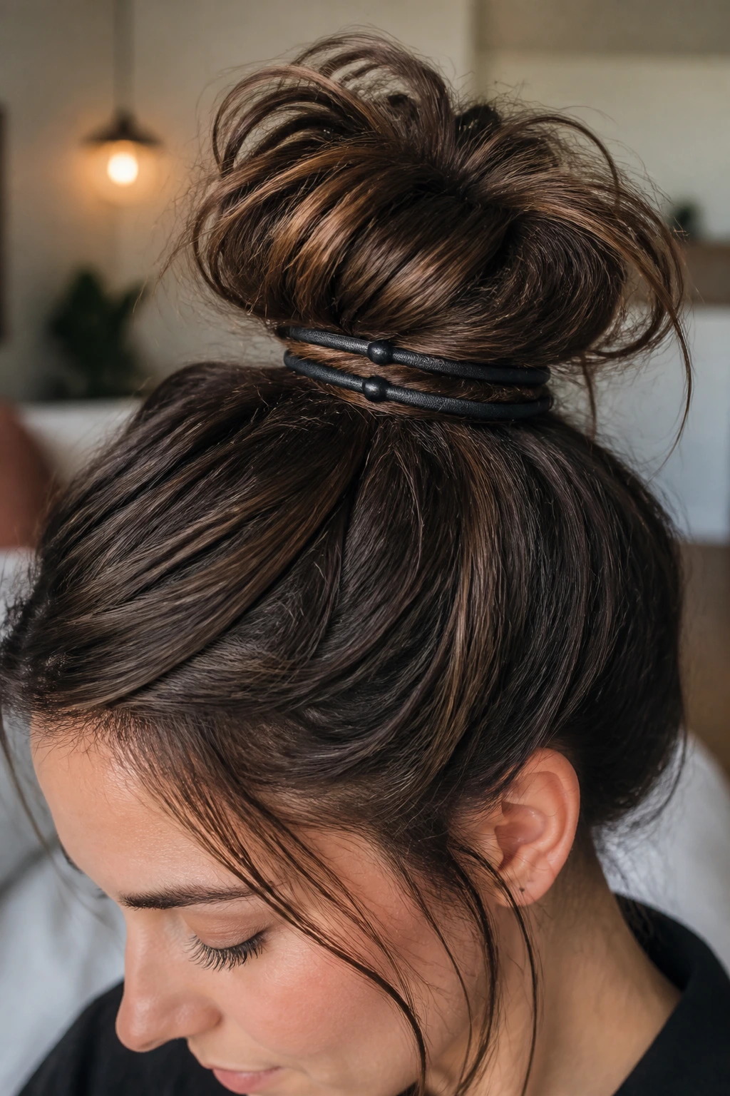 Woman with high messy bun secured by two elastics, close-up.
