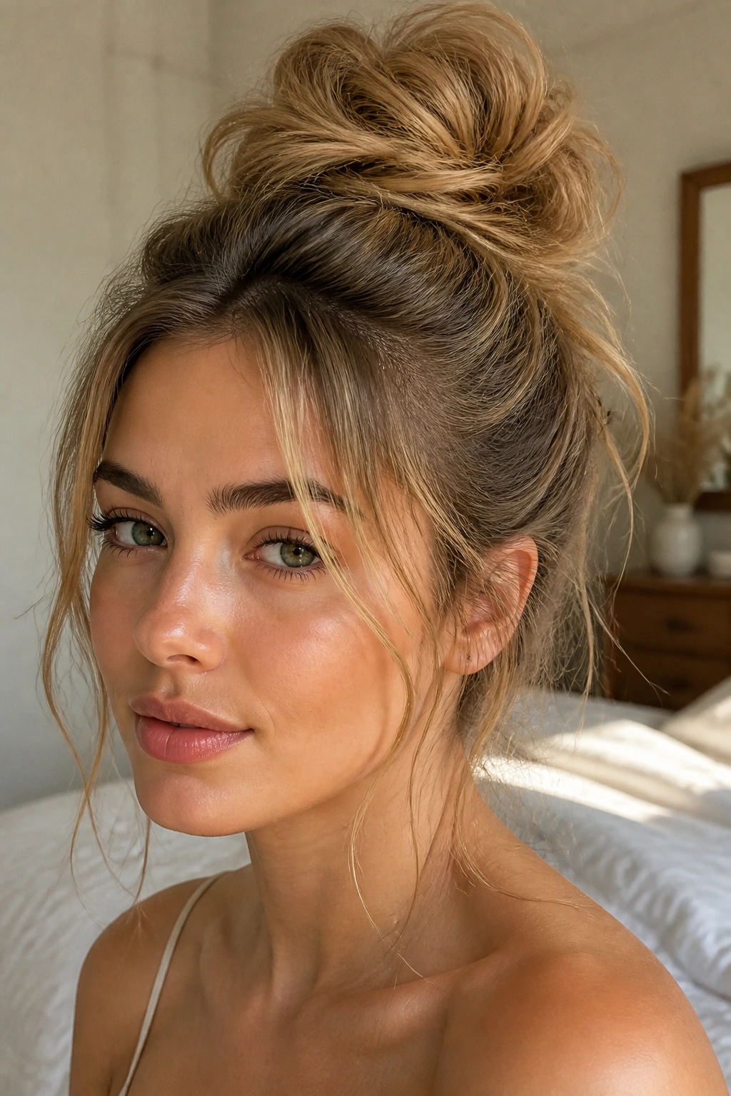 Close-up of a real woman with textured bun and face-framing tendrils in warm natural light.