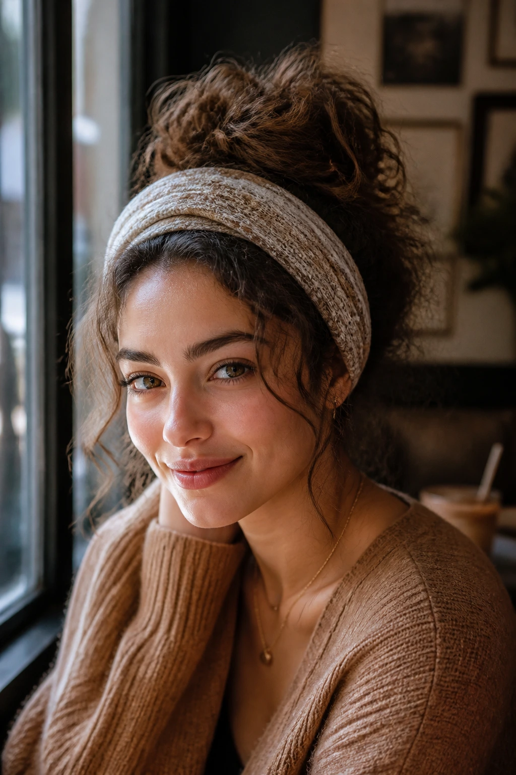 Real woman with messy bun and wide fabric headband