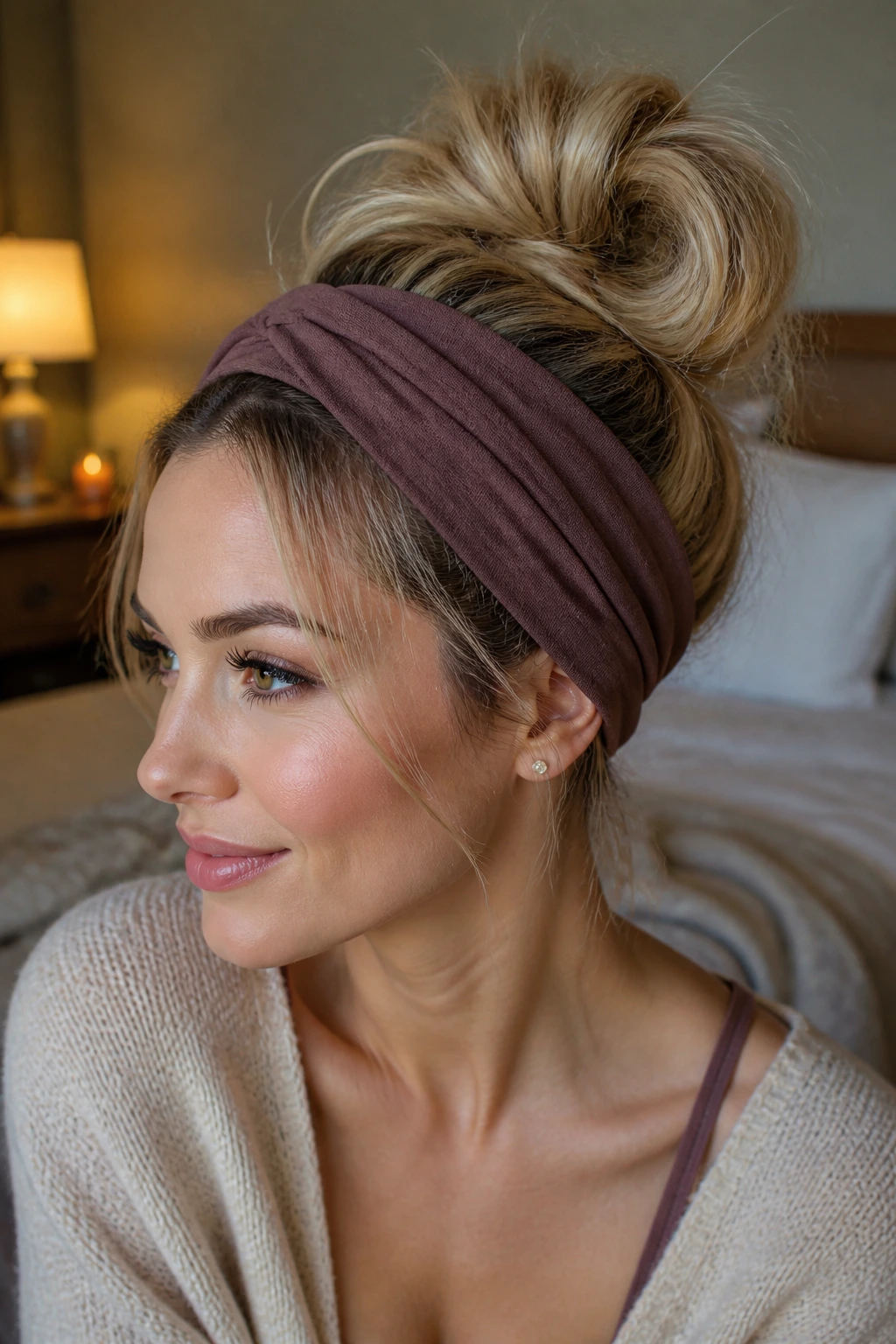 Close-up of a real woman with a messy bun and a wide fabric headband.