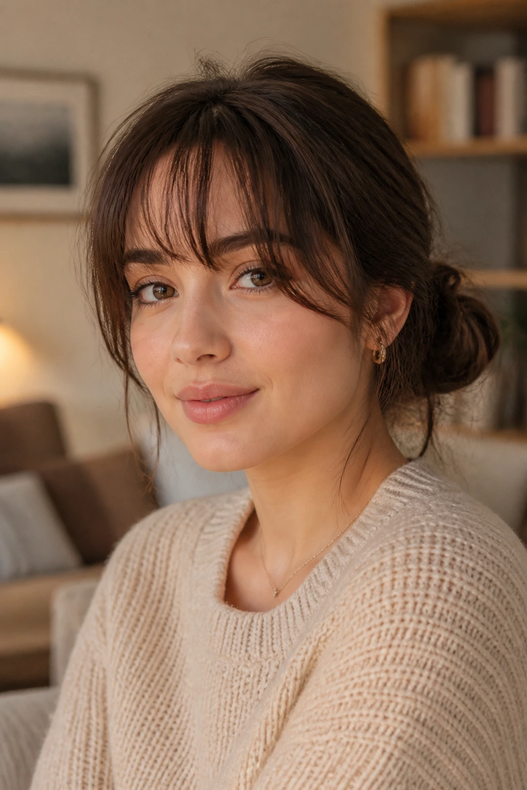 Portrait of a woman with a low messy bun and wispy fringe