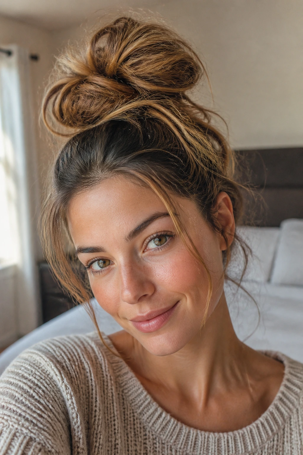 Close-up of a real woman with a high messy bun in a cozy home bedroom